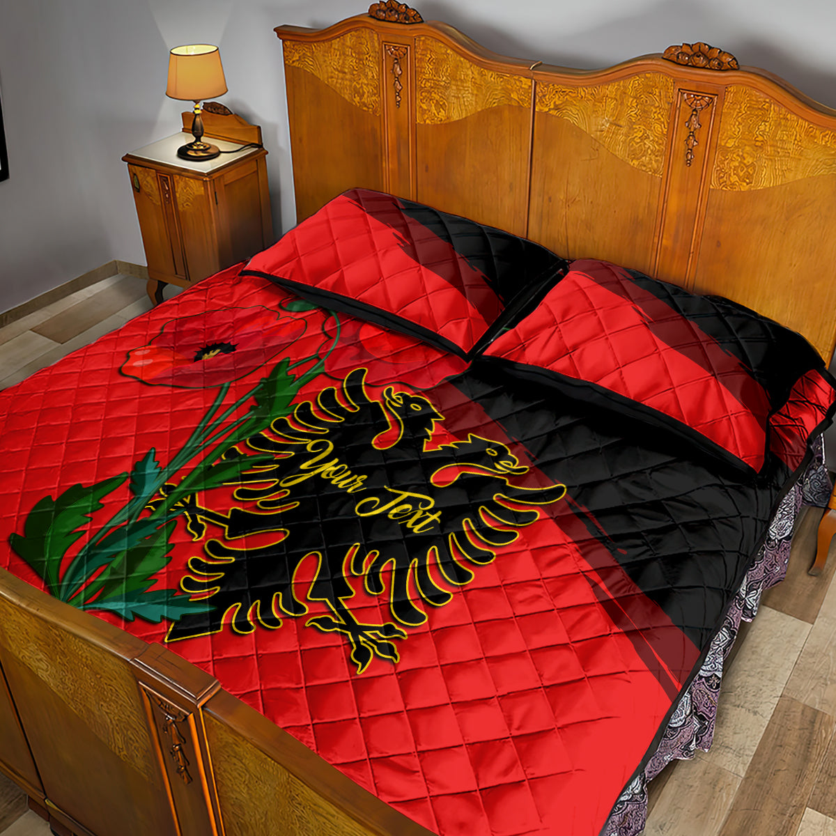 Personalised Albania Flag Day Quilt Bed Set Albanian Coat Of Arms With Red Poppy - Wonder Print Shop