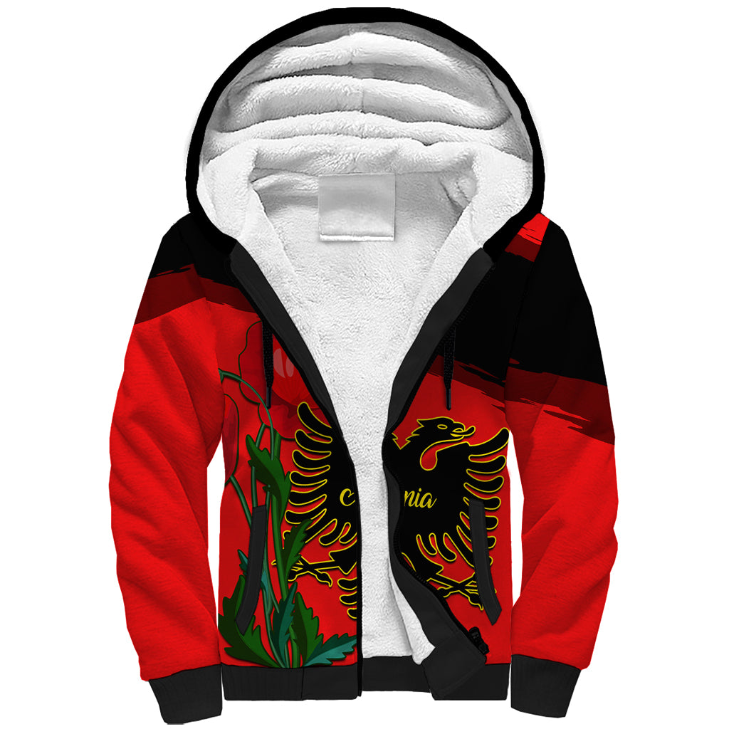 Personalised Albania Flag Day Sherpa Hoodie Albanian Coat Of Arms With Red Poppy - Wonder Print Shop