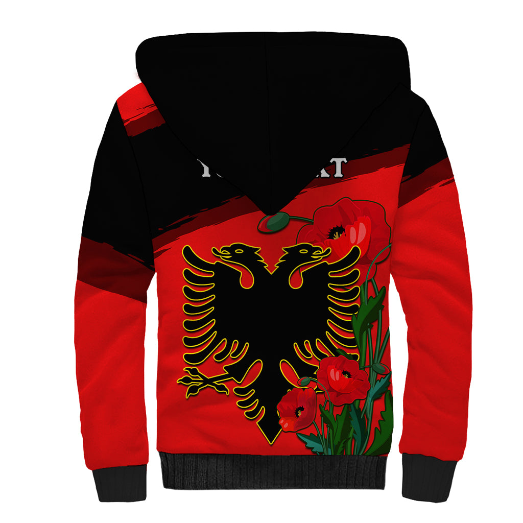 Personalised Albania Flag Day Sherpa Hoodie Albanian Coat Of Arms With Red Poppy - Wonder Print Shop