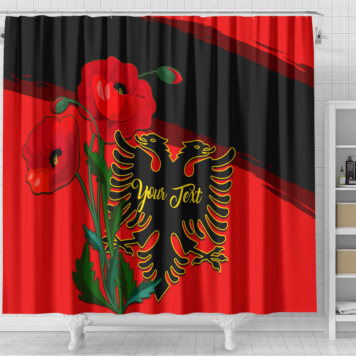 personalised-albania-flag-day-shower-curtain-albanian-coat-of-arms-with-red-poppy