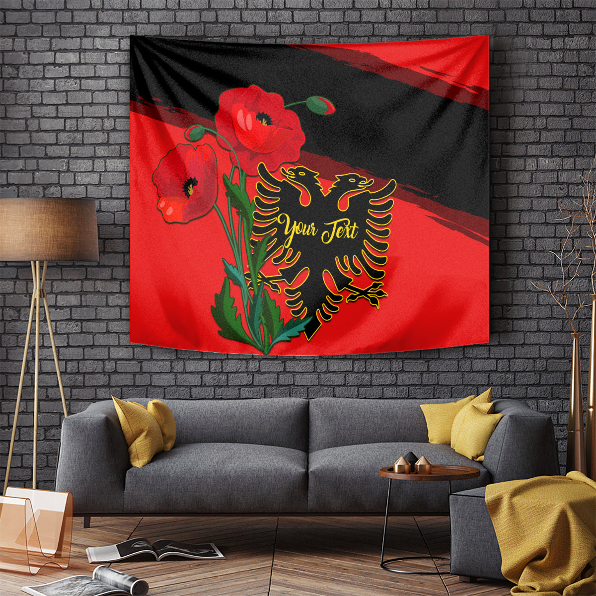Personalised Albania Flag Day Tapestry Albanian Coat Of Arms With Red Poppy - Wonder Print Shop