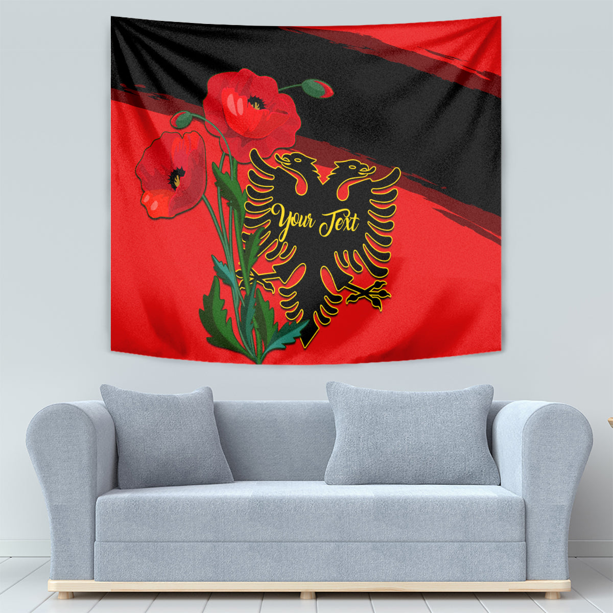 Personalised Albania Flag Day Tapestry Albanian Coat Of Arms With Red Poppy - Wonder Print Shop