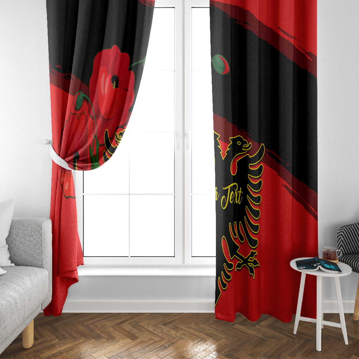 Personalised Albania Flag Day Window Curtain Albanian Coat Of Arms With Red Poppy - Wonder Print Shop