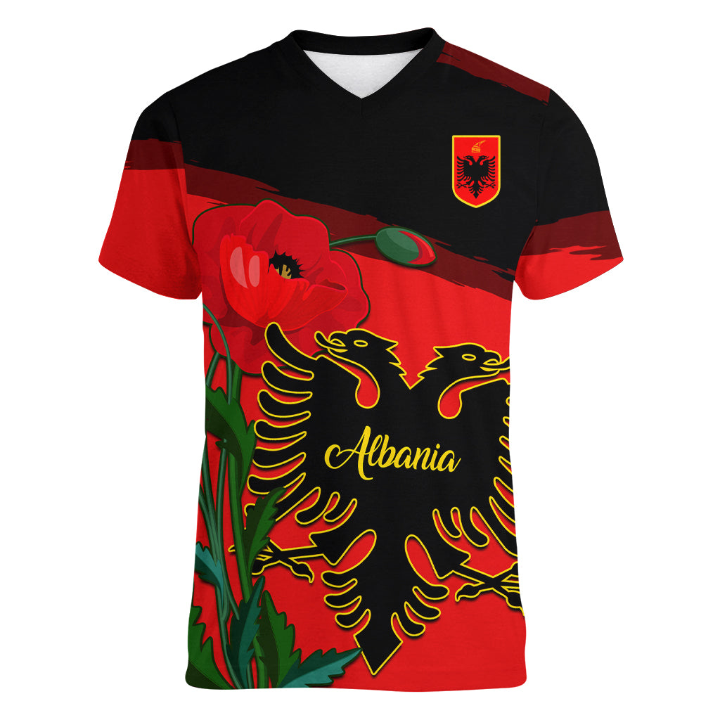 Personalised Albania Flag Day Women V Neck T Shirt Albanian Coat Of Arms With Red Poppy - Wonder Print Shop