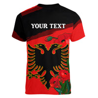 Personalised Albania Flag Day Women V Neck T Shirt Albanian Coat Of Arms With Red Poppy - Wonder Print Shop