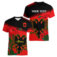 Personalised Albania Flag Day Women V Neck T Shirt Albanian Coat Of Arms With Red Poppy - Wonder Print Shop
