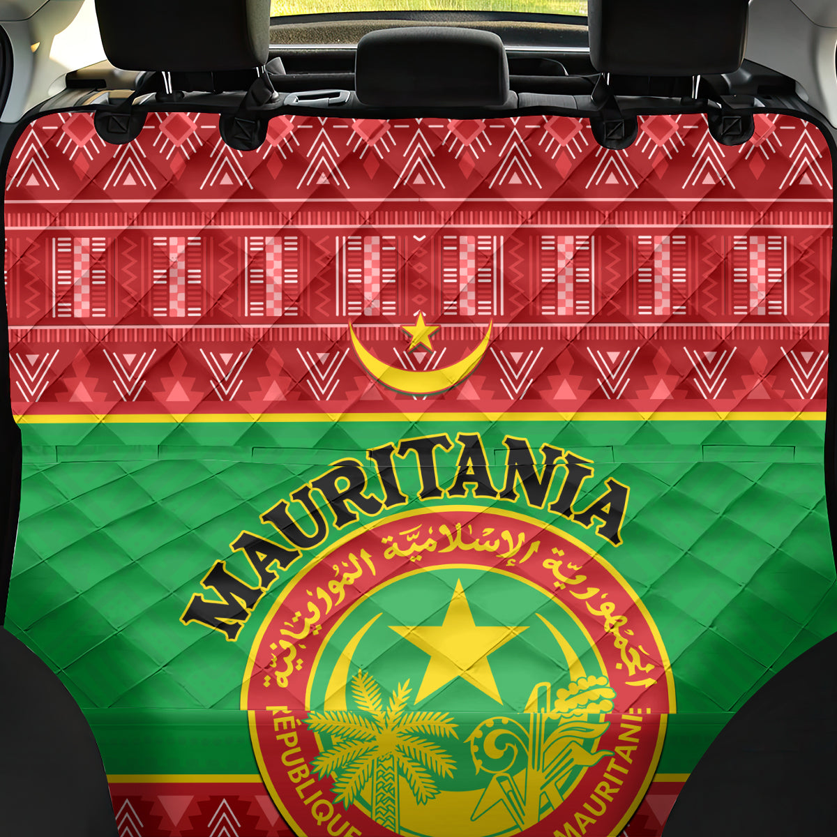 Personalised Mauritania Independence Day Back Car Seat Cover Mauritanian Map Mix African Pattern - Wonder Print Shop