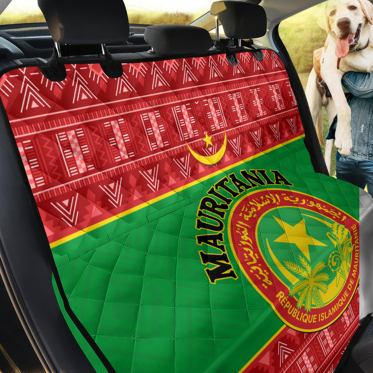 Personalised Mauritania Independence Day Back Car Seat Cover Mauritanian Map Mix African Pattern - Wonder Print Shop
