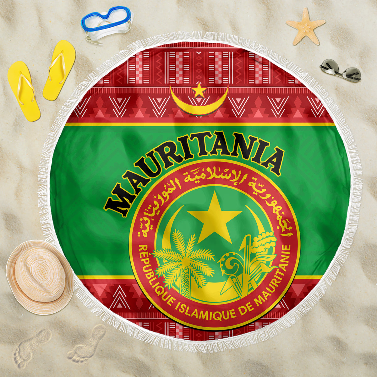 Personalised Mauritania Independence Day Beach Blanket Mauritanian Map Mix African Pattern - Wonder Print Shop