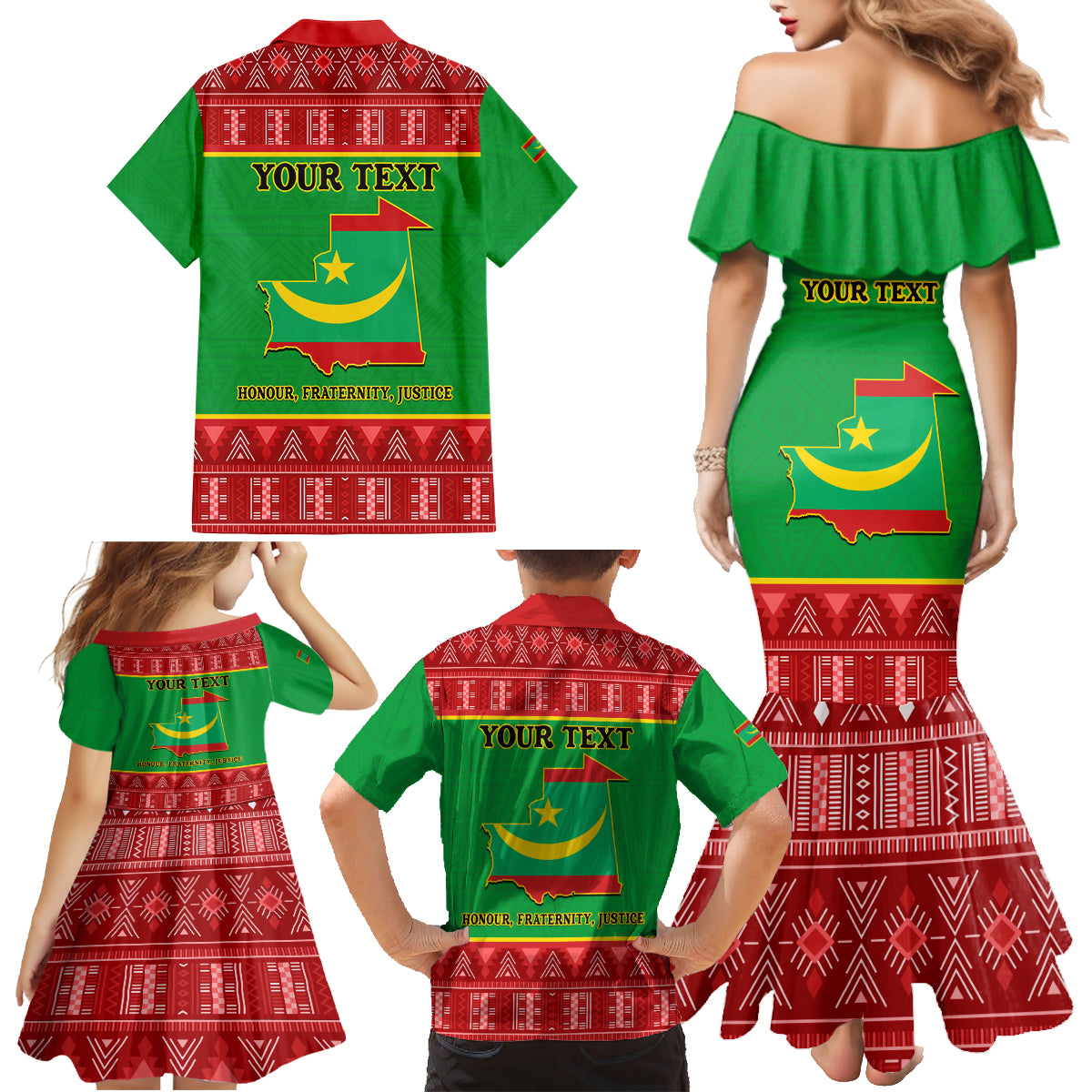 Personalised Mauritania Independence Day Family Matching Mermaid Dress and Hawaiian Shirt Mauritanian Map Mix African Pattern - Wonder Print Shop