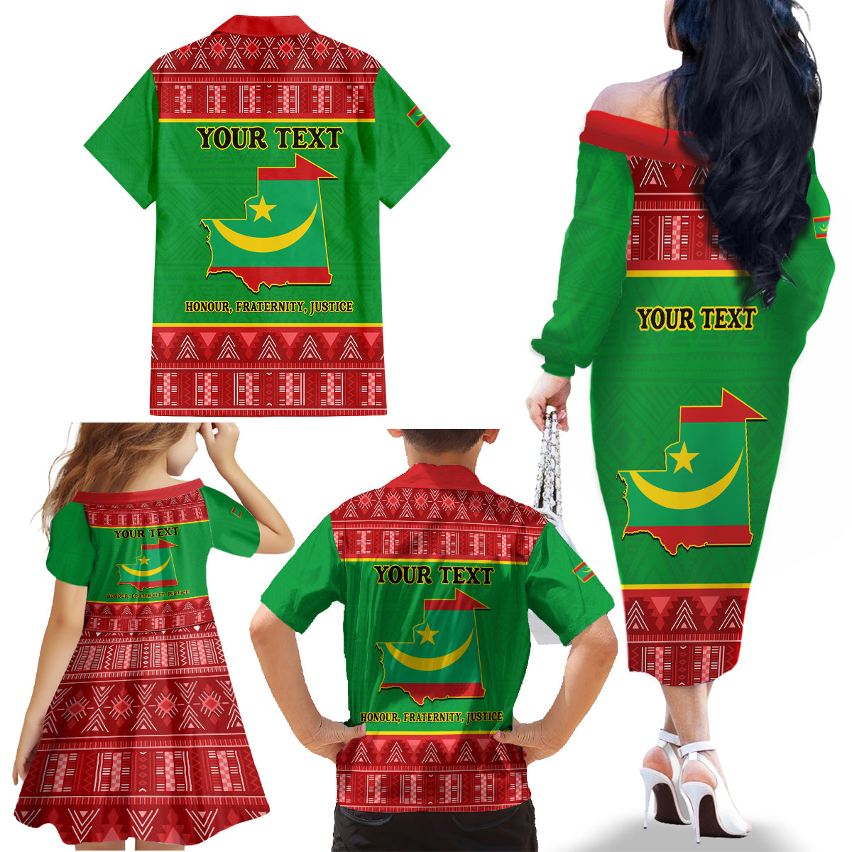 Personalised Mauritania Independence Day Family Matching Off Shoulder Long Sleeve Dress and Hawaiian Shirt Mauritanian Map Mix African Pattern - Wonder Print Shop
