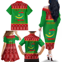 Personalised Mauritania Independence Day Family Matching Off Shoulder Long Sleeve Dress and Hawaiian Shirt Mauritanian Map Mix African Pattern - Wonder Print Shop