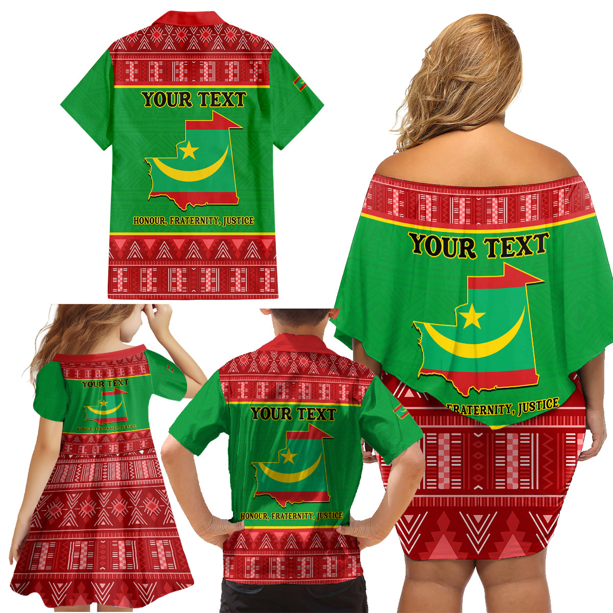 Personalised Mauritania Independence Day Family Matching Off Shoulder Short Dress and Hawaiian Shirt Mauritanian Map Mix African Pattern - Wonder Print Shop