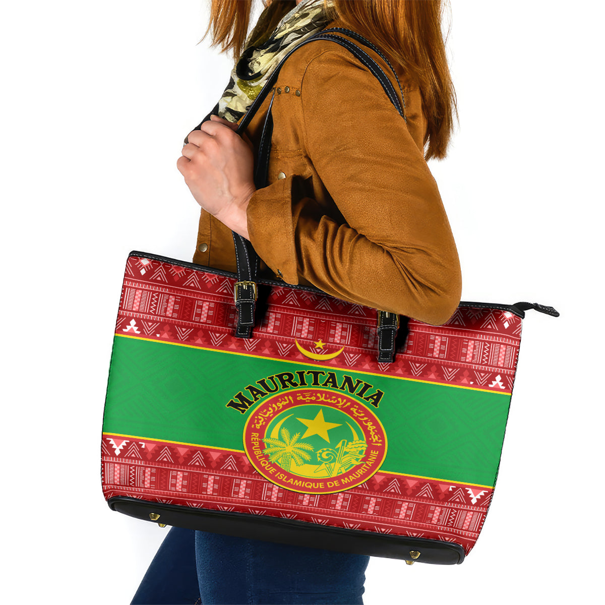 Personalised Mauritania Independence Day Leather Tote Bag Mauritanian Map Mix African Pattern - Wonder Print Shop