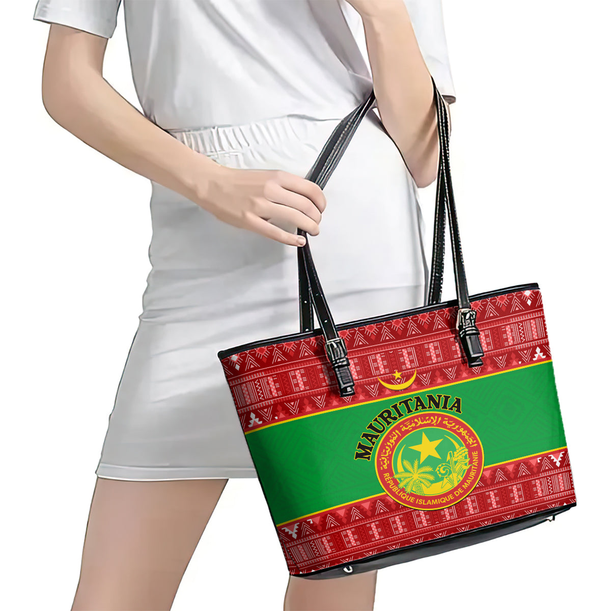 Personalised Mauritania Independence Day Leather Tote Bag Mauritanian Map Mix African Pattern - Wonder Print Shop