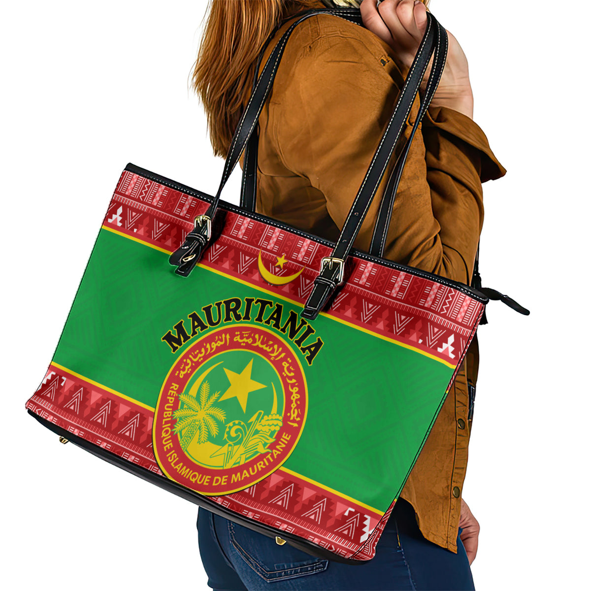 Personalised Mauritania Independence Day Leather Tote Bag Mauritanian Map Mix African Pattern - Wonder Print Shop