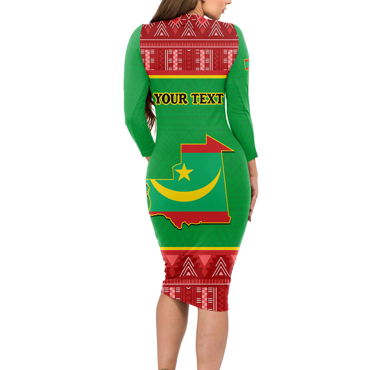 Personalised Mauritania Independence Day Long Sleeve Bodycon Dress Mauritanian Map Mix African Pattern - Wonder Print Shop