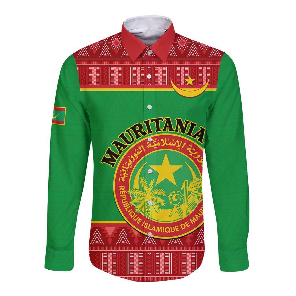 Personalised Mauritania Independence Day Long Sleeve Button Shirt Mauritanian Map Mix African Pattern - Wonder Print Shop