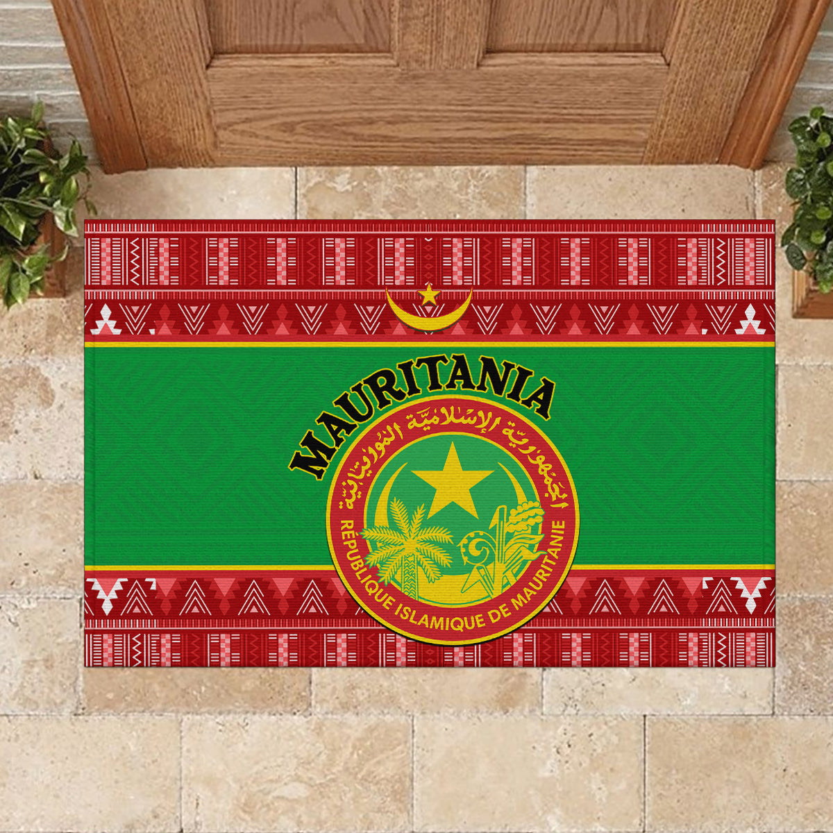 Personalised Mauritania Independence Day Rubber Doormat Mauritanian Map Mix African Pattern - Wonder Print Shop