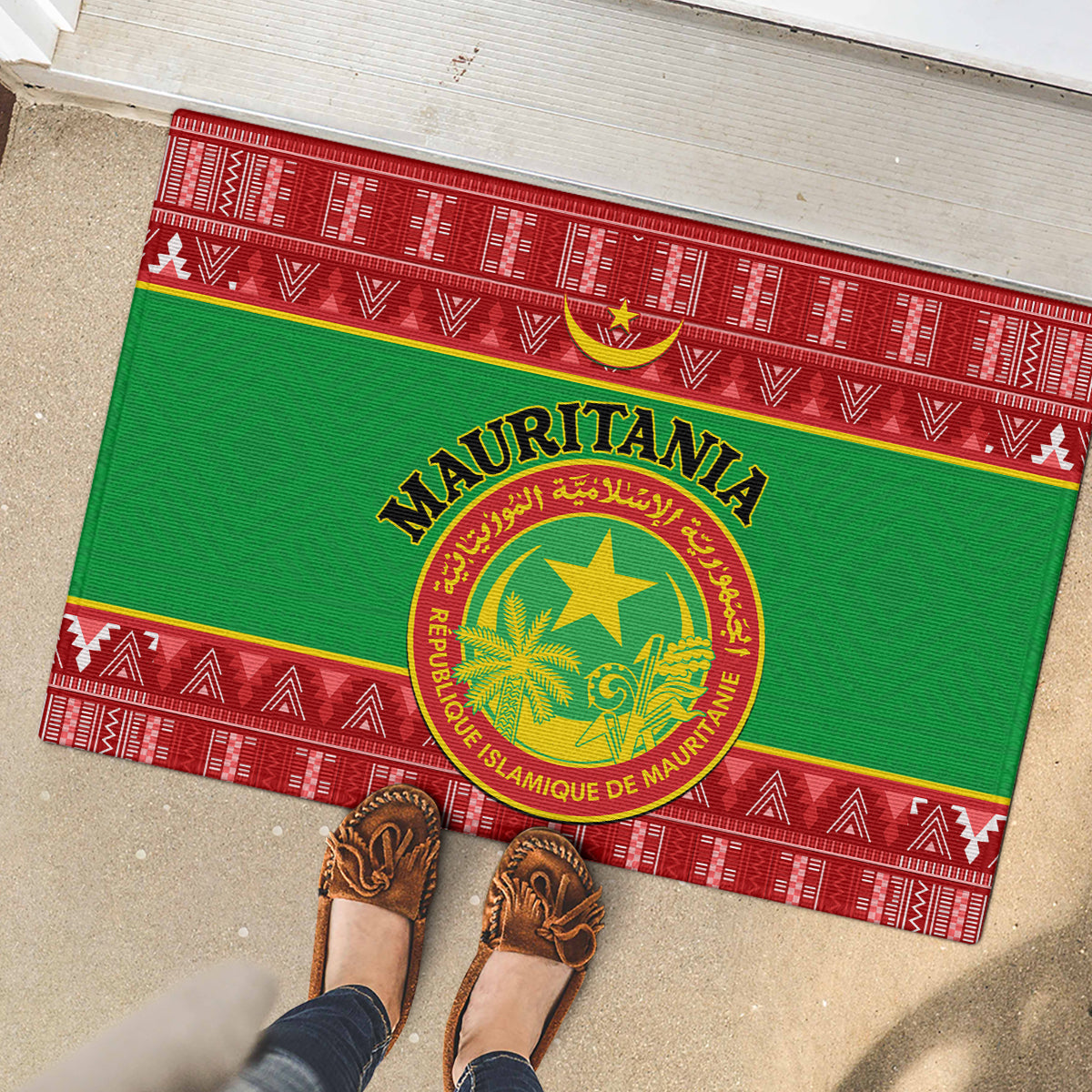 Personalised Mauritania Independence Day Rubber Doormat Mauritanian Map Mix African Pattern - Wonder Print Shop