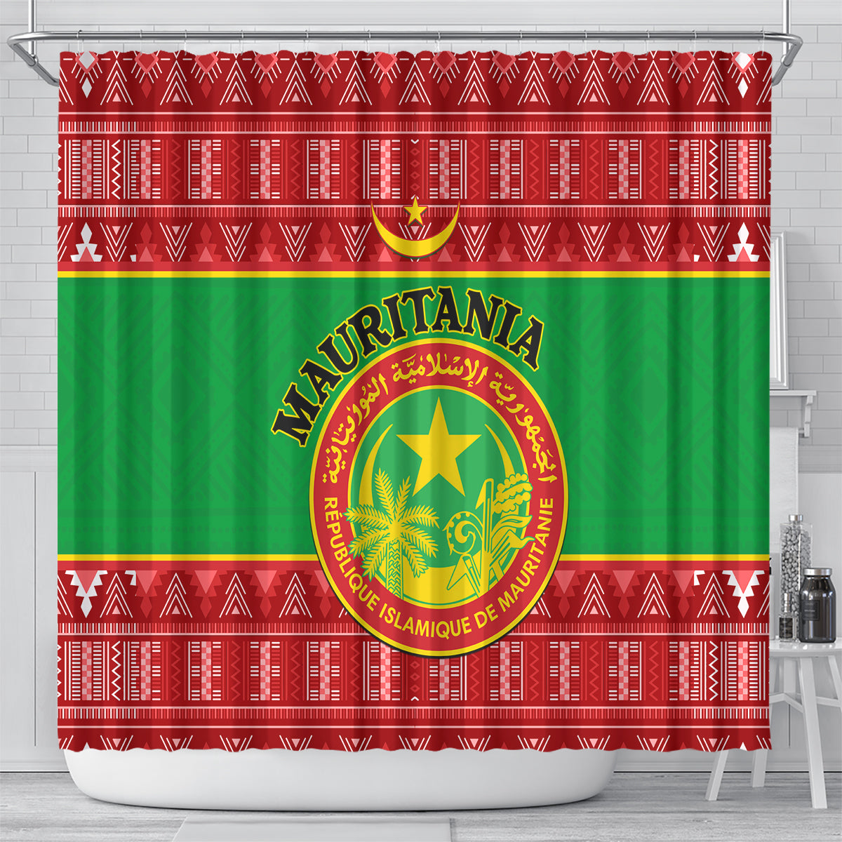 personalised-mauritania-independence-day-shower-curtain-mauritanian-map-mix-african-pattern