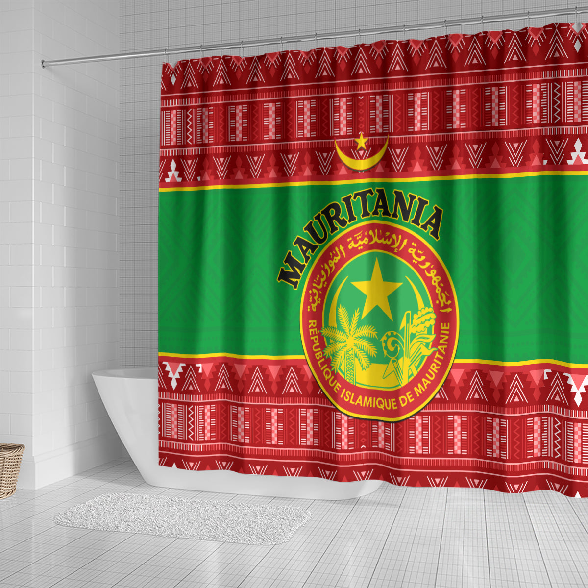 personalised-mauritania-independence-day-shower-curtain-mauritanian-map-mix-african-pattern