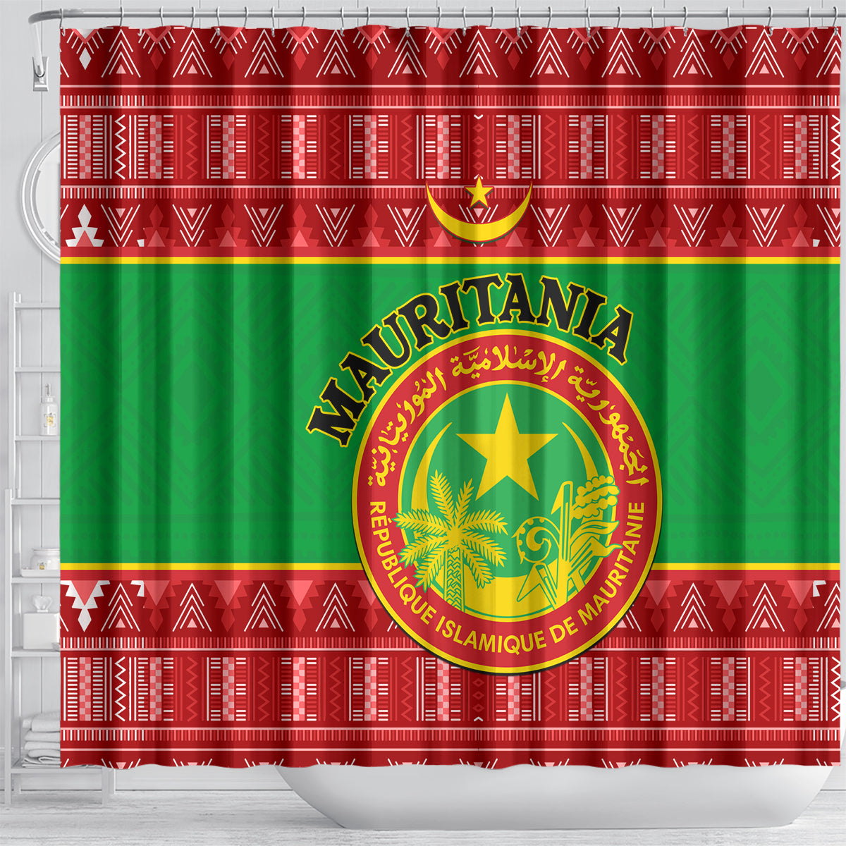 personalised-mauritania-independence-day-shower-curtain-mauritanian-map-mix-african-pattern