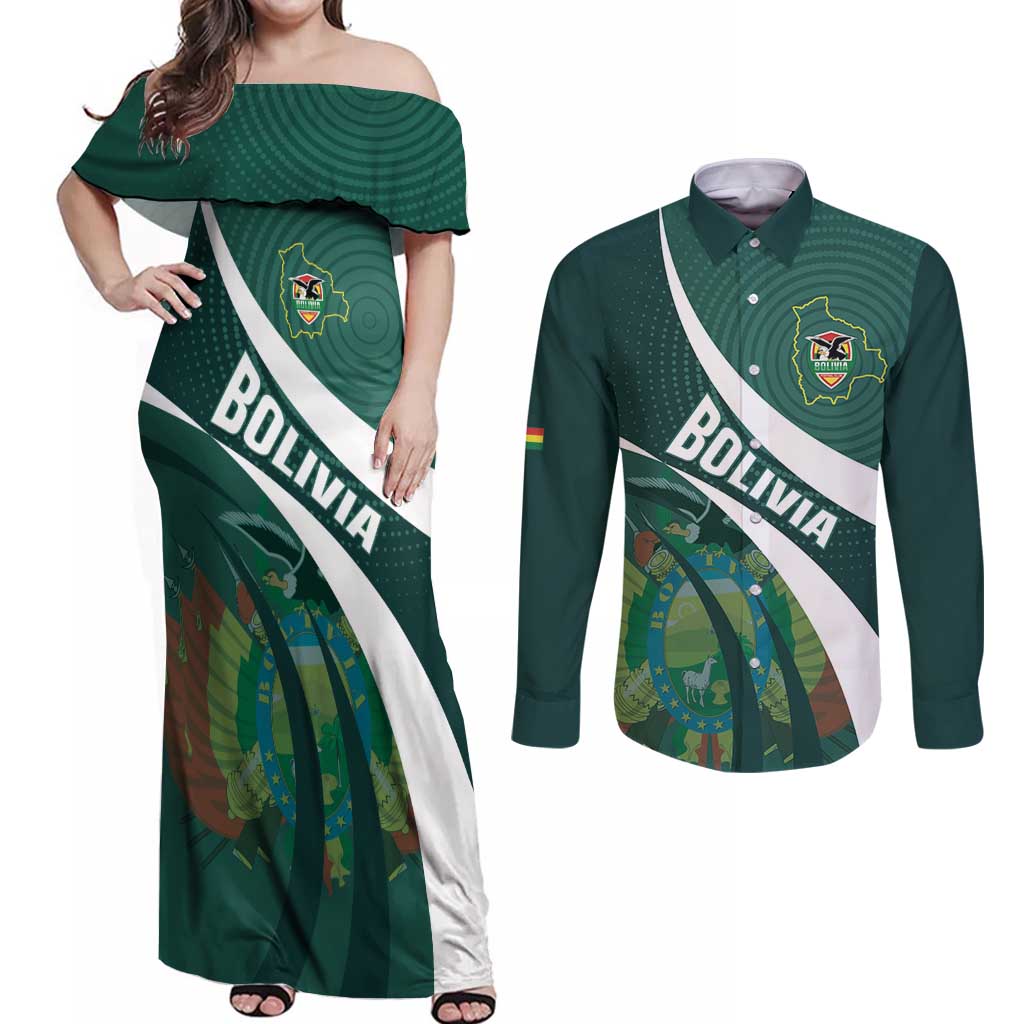 Custom Bolivia Football Couples Matching Off Shoulder Maxi Dress and Long Sleeve Button Shirt La Verde Sporty Curves Style - Wonder Print Shop