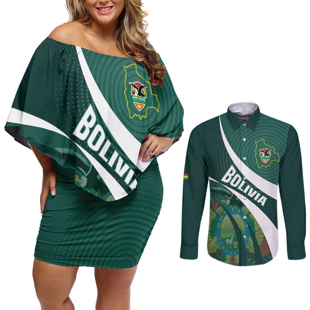 Custom Bolivia Football Couples Matching Off Shoulder Short Dress and Long Sleeve Button Shirt La Verde Sporty Curves Style - Wonder Print Shop