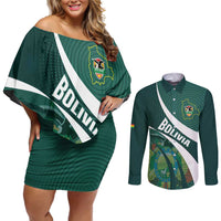 Custom Bolivia Football Couples Matching Off Shoulder Short Dress and Long Sleeve Button Shirt La Verde Sporty Curves Style - Wonder Print Shop