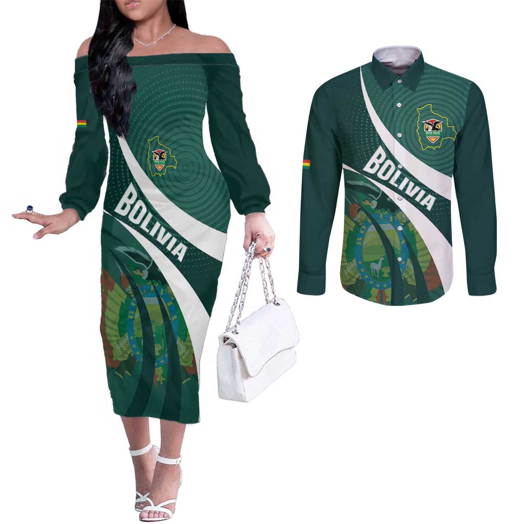 Custom Bolivia Football Couples Matching Off The Shoulder Long Sleeve Dress and Long Sleeve Button Shirt La Verde Sporty Curves Style - Wonder Print Shop