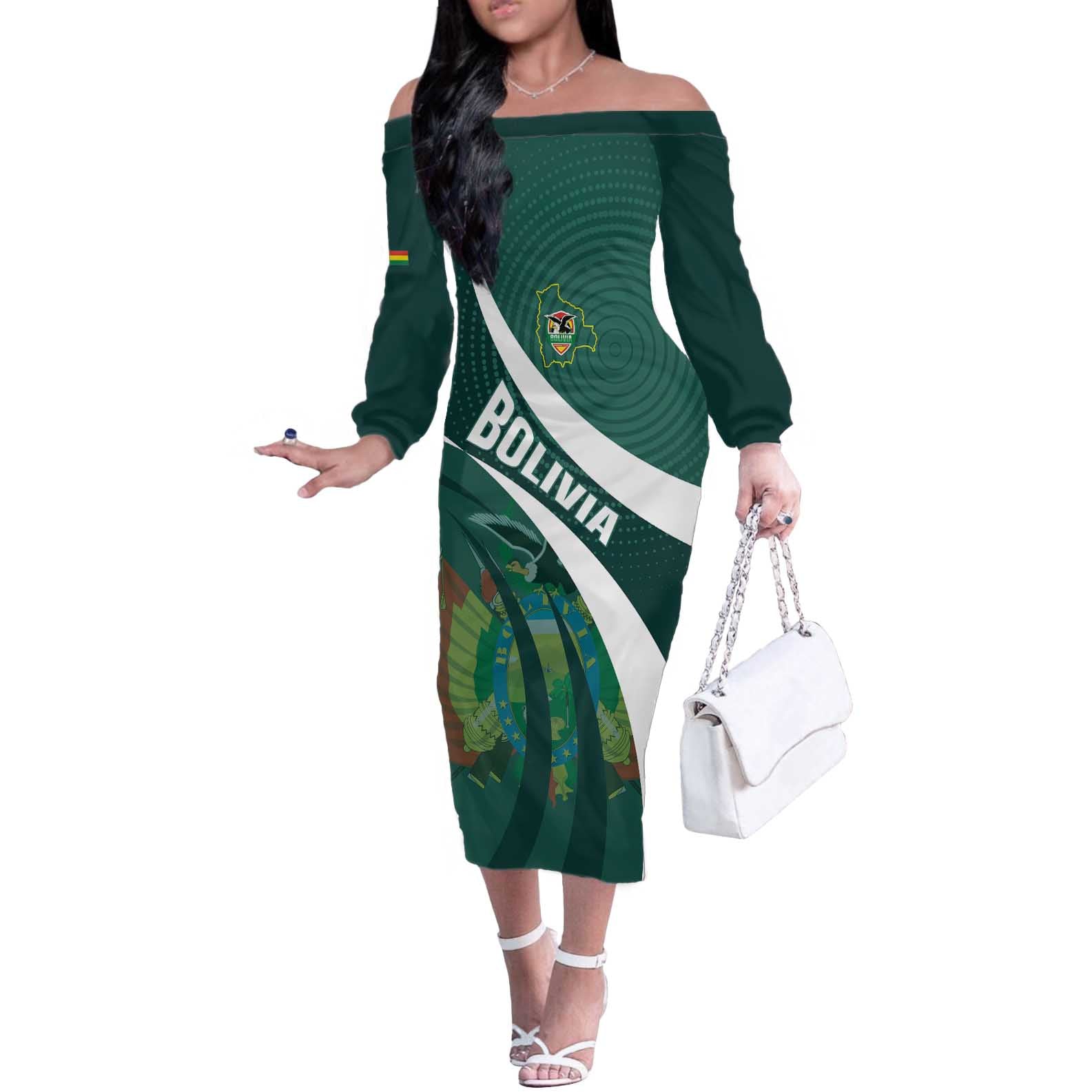 Custom Bolivia Football Off The Shoulder Long Sleeve Dress La Verde Sporty Curves Style - Wonder Print Shop