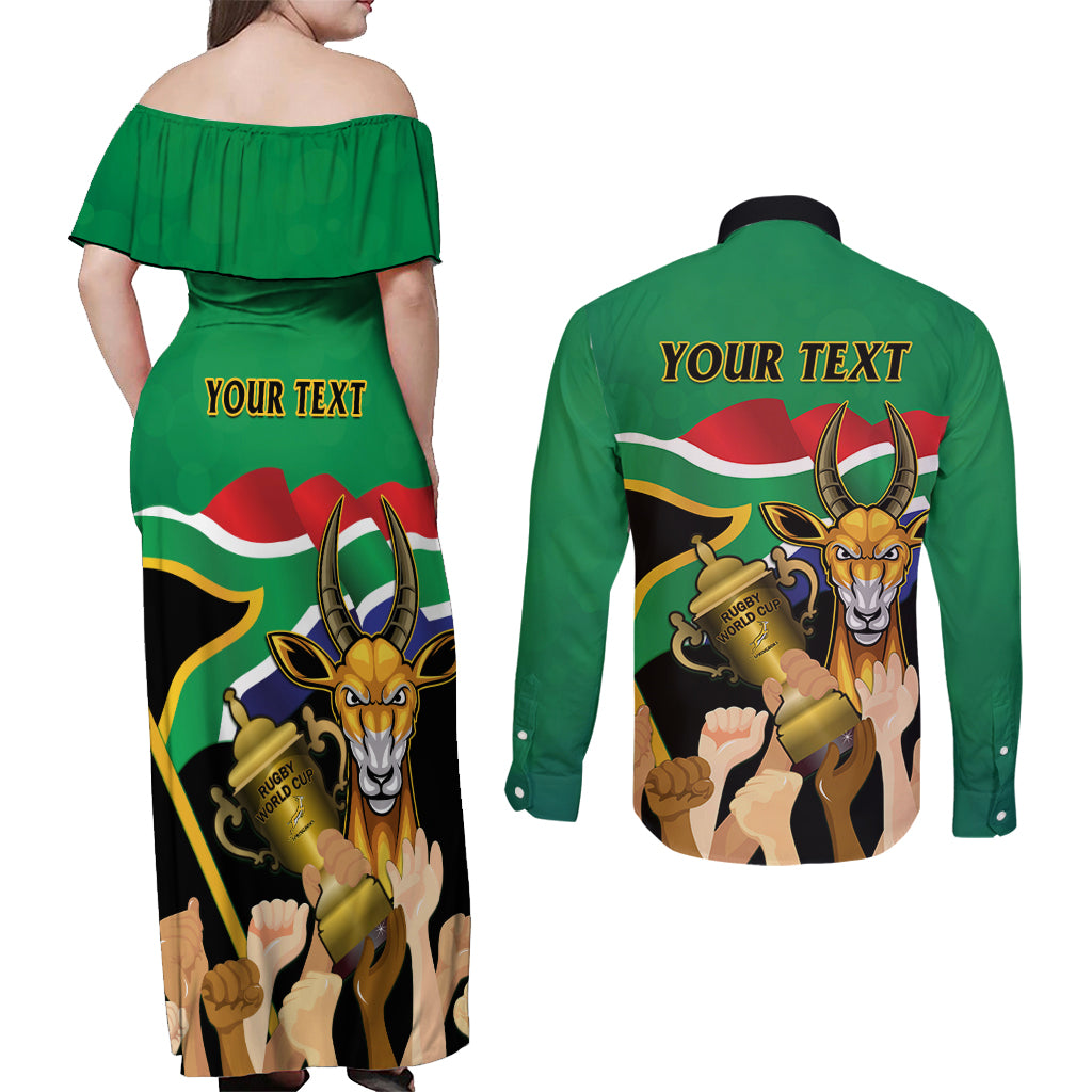 Personalised South Africa Special Holiday Couples Matching Off Shoulder Maxi Dress and Long Sleeve Button Shirt Springboks Champions Celebration Rugby Is My Soul - Wonder Print Shop