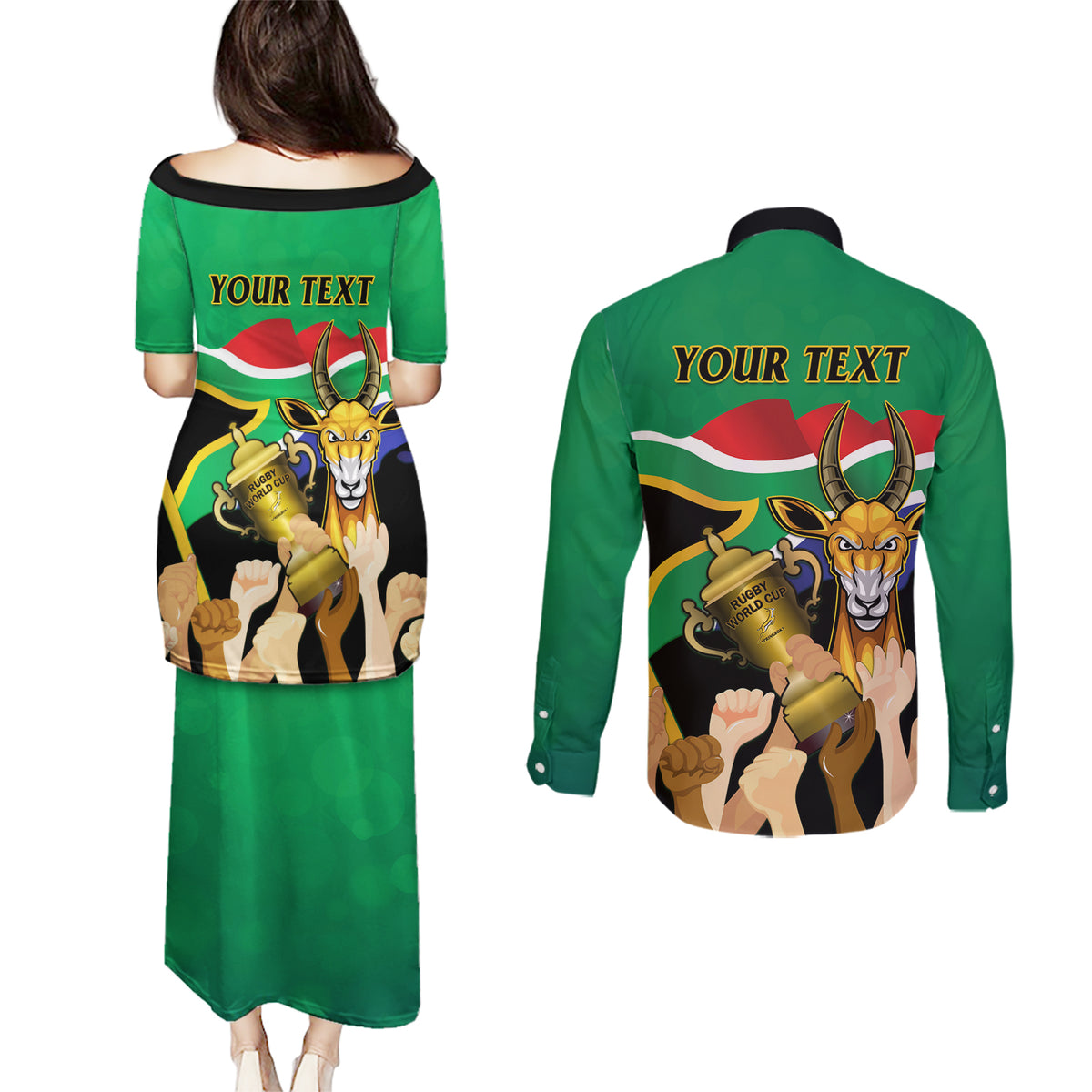 Personalised South Africa Special Holiday Couples Matching Puletasi Dress and Long Sleeve Button Shirt Springboks Champions Celebration Rugby Is My Soul - Wonder Print Shop