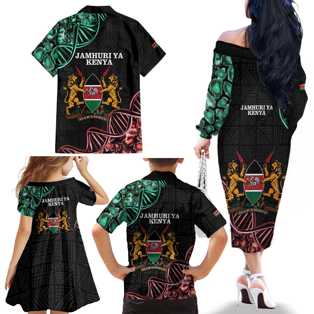 Kenya Is In My DNA Family Matching Off The Shoulder Long Sleeve Dress and Hawaiian Shirt Kenyan Map Happy Jamhuri Day - Wonder Print Shop