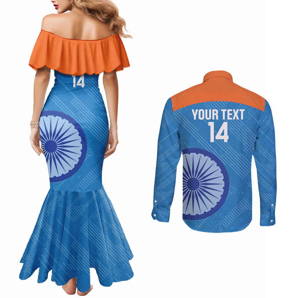 Custom India Cricket Couples Matching Mermaid Dress and Long Sleeve Button Shirt Go Women In Blue