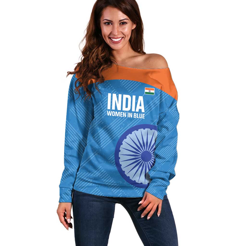 Custom India Cricket Off Shoulder Sweater Go Women In Blue - Wonder Print Shop