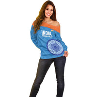Custom India Cricket Off Shoulder Sweater Go Women In Blue - Wonder Print Shop