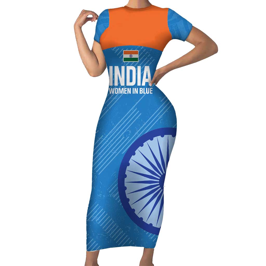 Custom India Cricket Short Sleeve Bodycon Dress Go Women In Blue - Wonder Print Shop
