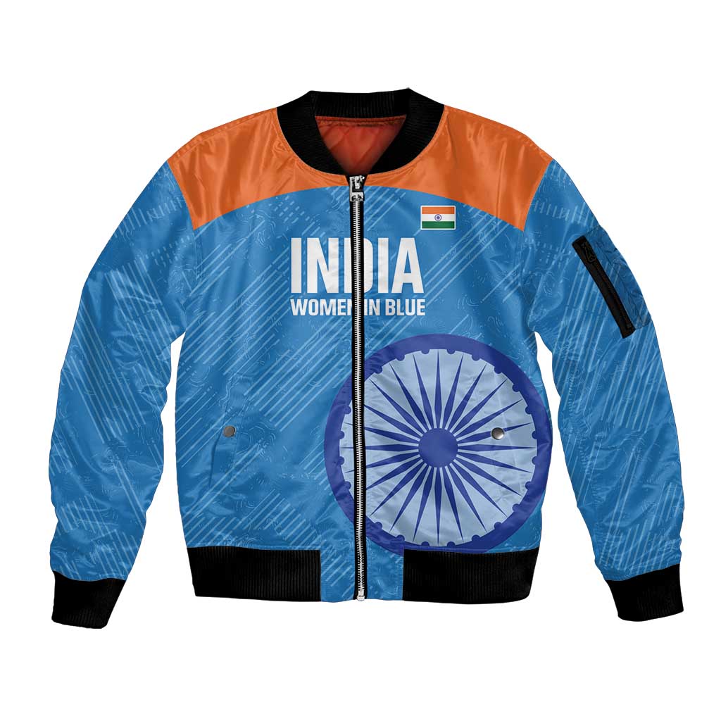 Custom India Cricket Sleeve Zip Bomber Jacket Go Women In Blue - Wonder Print Shop