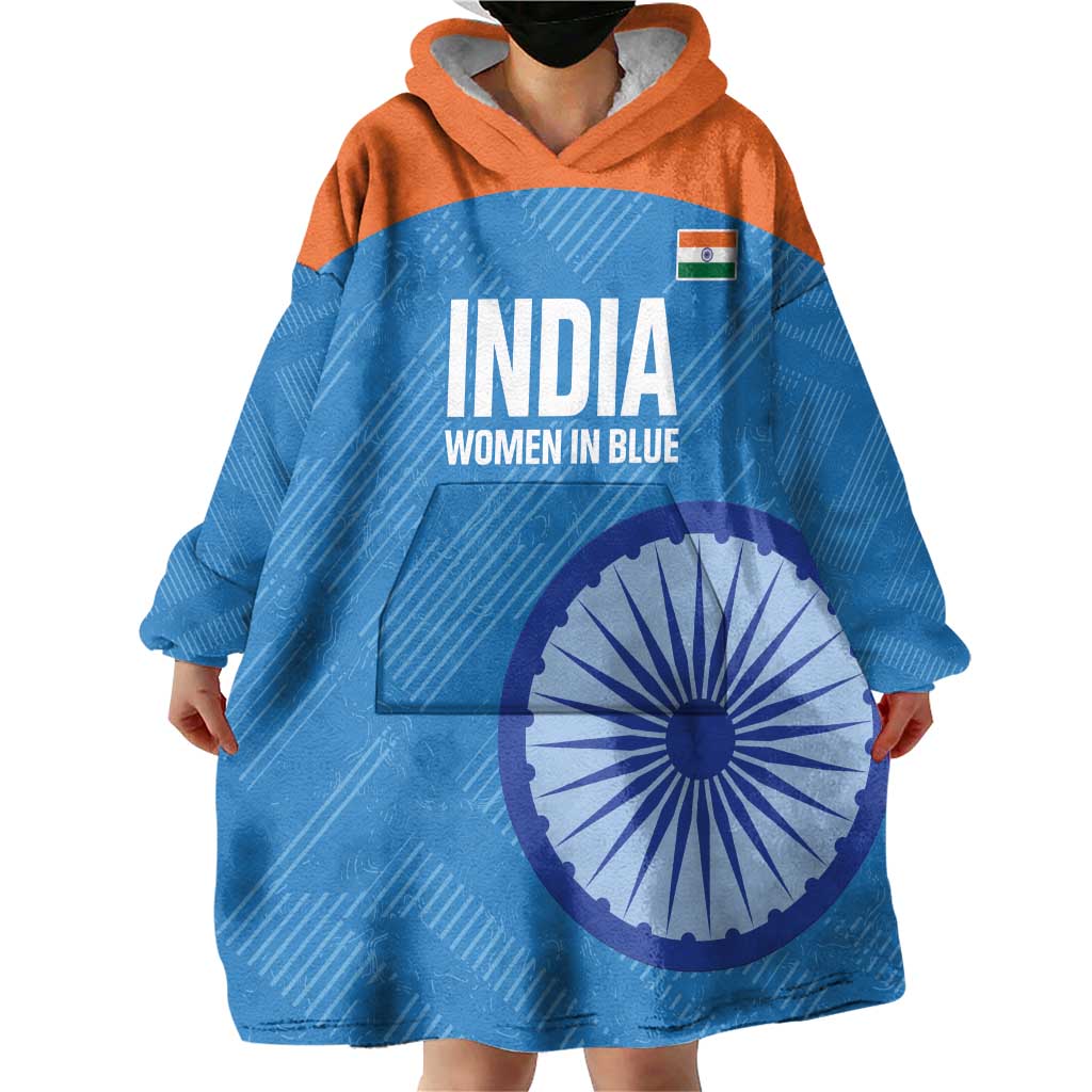 Custom India Cricket Wearable Blanket Hoodie Go Women In Blue - Wonder Print Shop