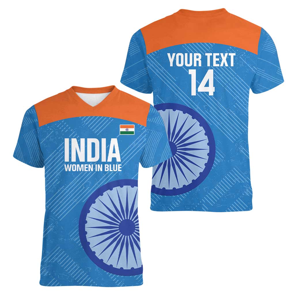 Custom India Cricket Women V-Neck T-Shirt Go Women In Blue - Wonder Print Shop