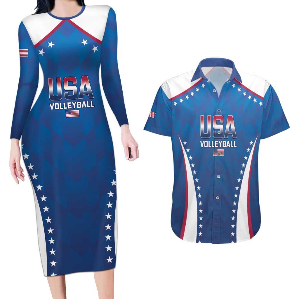 Custom USA 2025 Volleyball Couples Matching Long Sleeve Bodycon Dress and Hawaiian Shirt Sporty Style