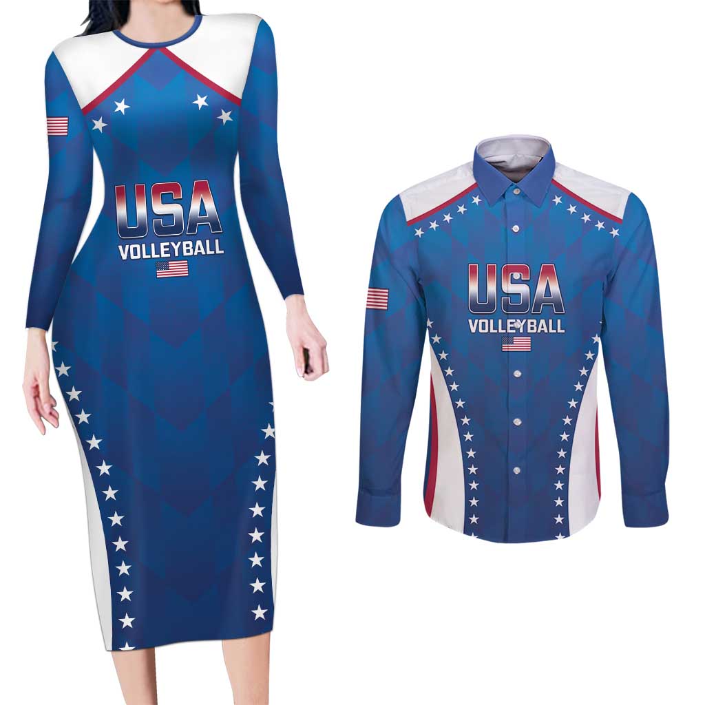 Custom USA 2025 Volleyball Couples Matching Long Sleeve Bodycon Dress and Long Sleeve Button Shirt Sporty Style