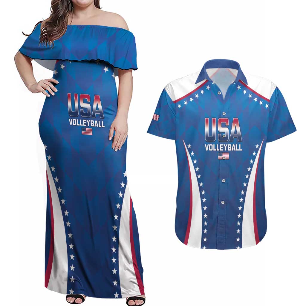 Custom USA 2025 Volleyball Couples Matching Off Shoulder Maxi Dress and Hawaiian Shirt Sporty Style