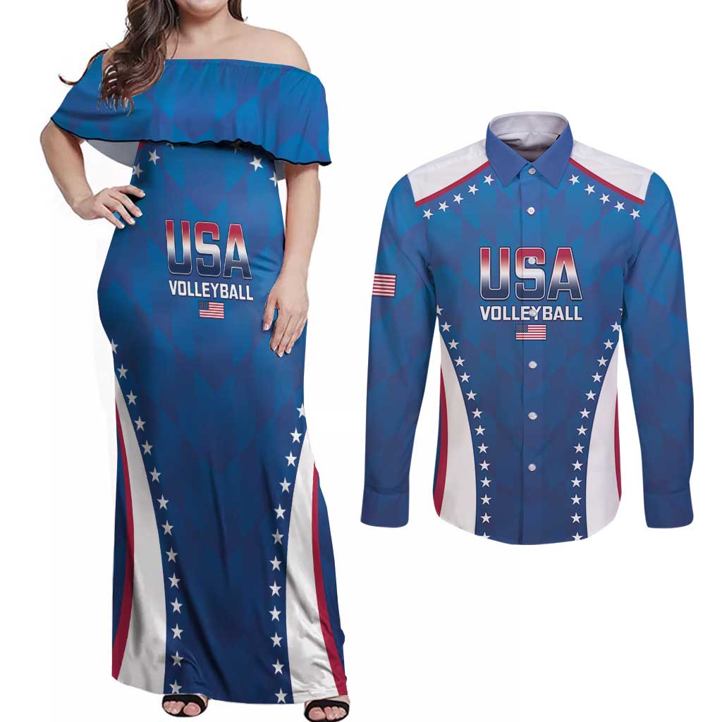 Custom USA 2025 Volleyball Couples Matching Off Shoulder Maxi Dress and Long Sleeve Button Shirt Sporty Style