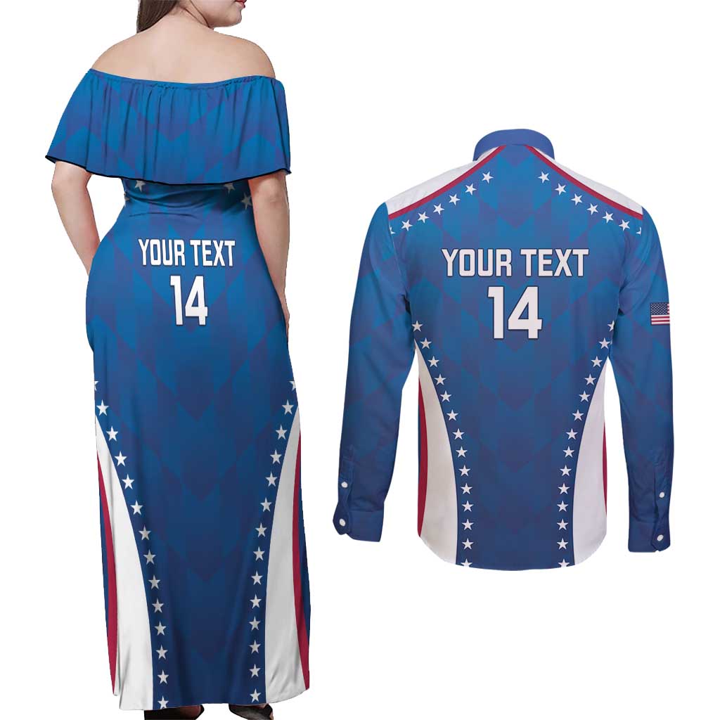Custom USA 2025 Volleyball Couples Matching Off Shoulder Maxi Dress and Long Sleeve Button Shirt Sporty Style