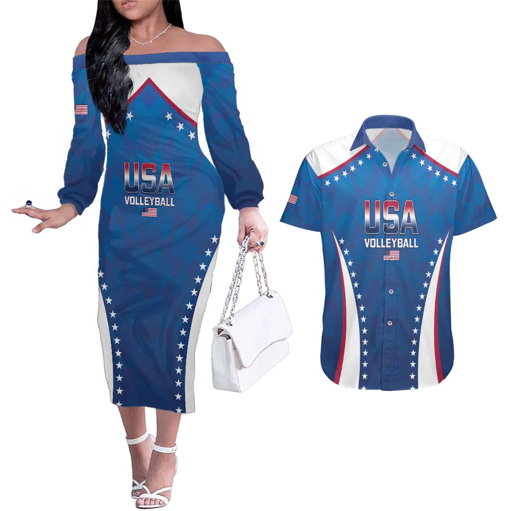 Custom USA 2025 Volleyball Couples Matching Off The Shoulder Long Sleeve Dress and Hawaiian Shirt Sporty Style