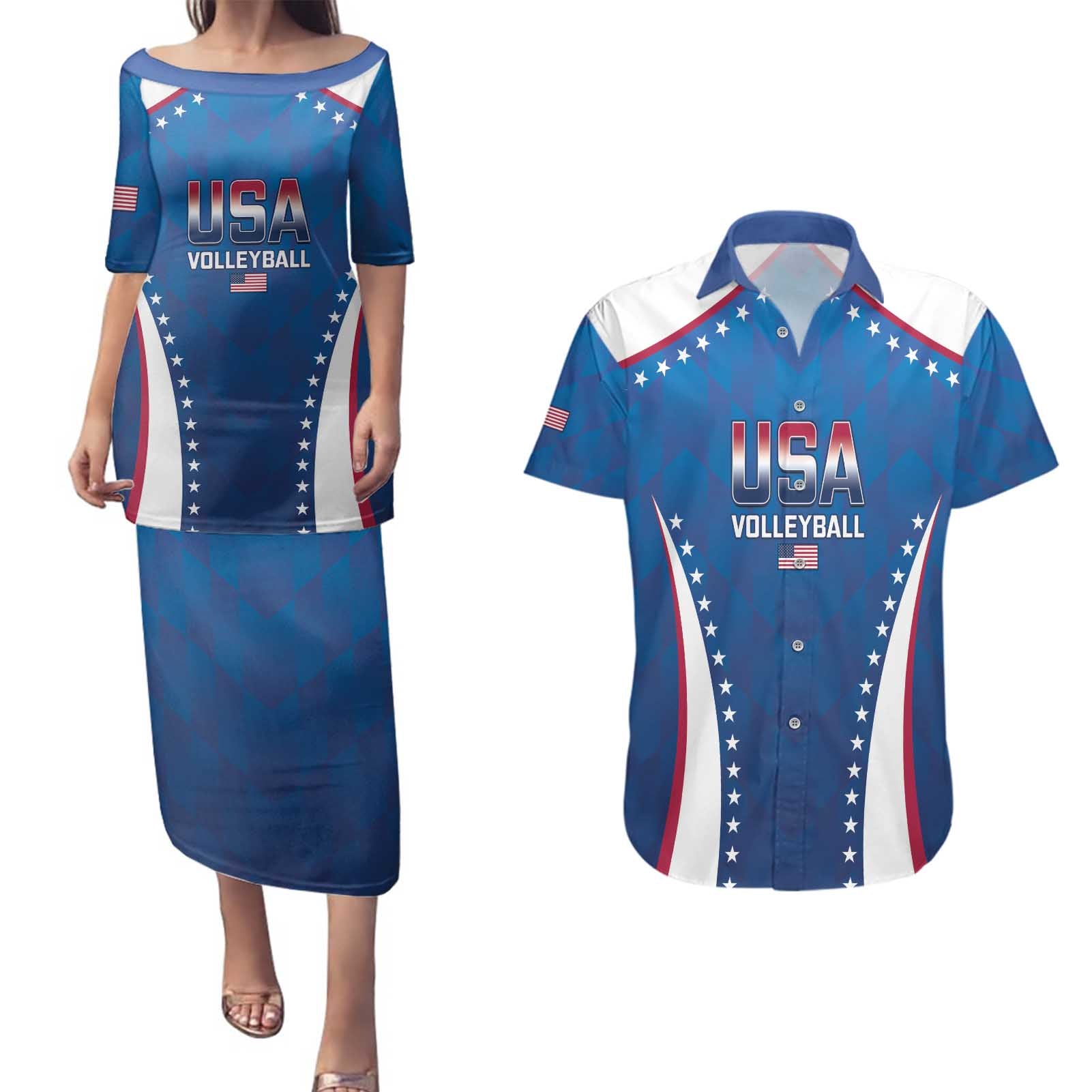 Custom USA 2025 Volleyball Couples Matching Puletasi and Hawaiian Shirt Sporty Style