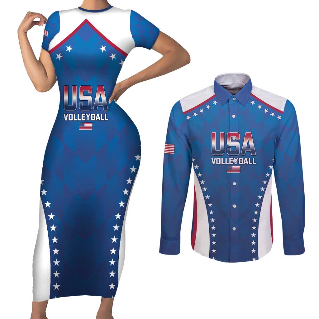 Custom USA 2025 Volleyball Couples Matching Short Sleeve Bodycon Dress and Long Sleeve Button Shirt Sporty Style